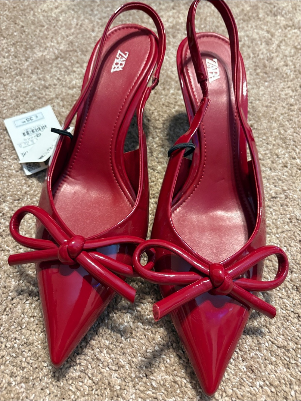 Zara Red Patent Pointed-Toe Bow Slingback Heels - 7.5